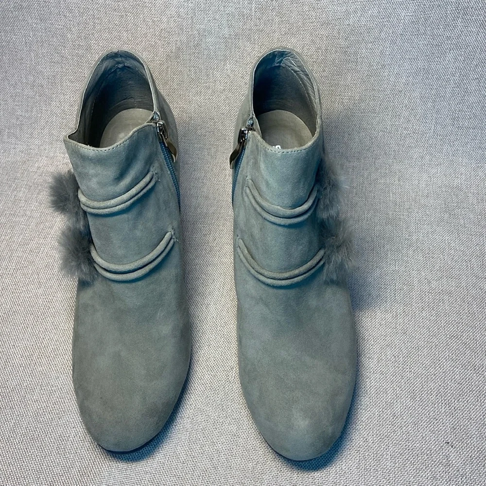 Gray Suede Pom-Pom Block Heel Booties - Women